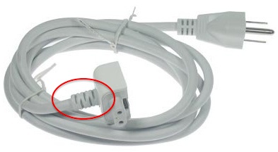 Photograph of a circa 2008 era external extension cord for an apple laptop power adapter. It does not just extend the reach of the power adapter, in north america it also adds the third grounding pin so useful for safety and for keeping the plug from being knocked loose.